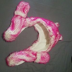 Fuzzy animal hat with handwarmers